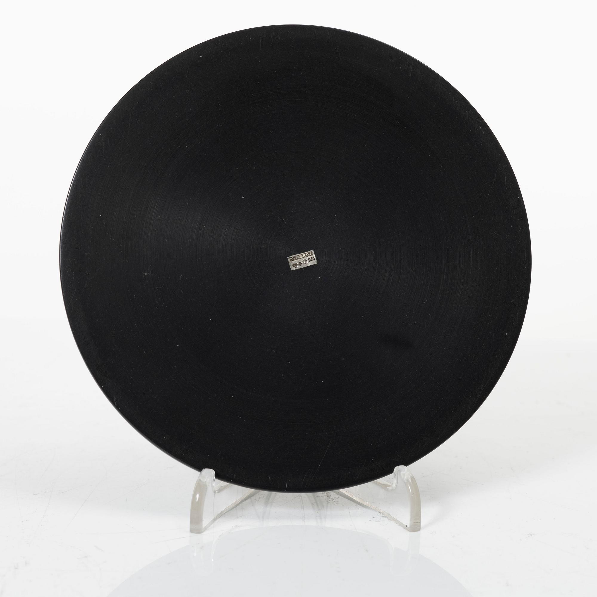 Five dishes, and one box with gaming chips, isolite with silver decor, Perstorp, Sweden, mid-20th century.