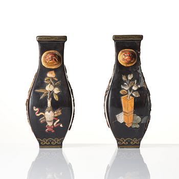 A pair of hardstone embellished vases, mid Qing dynasty.