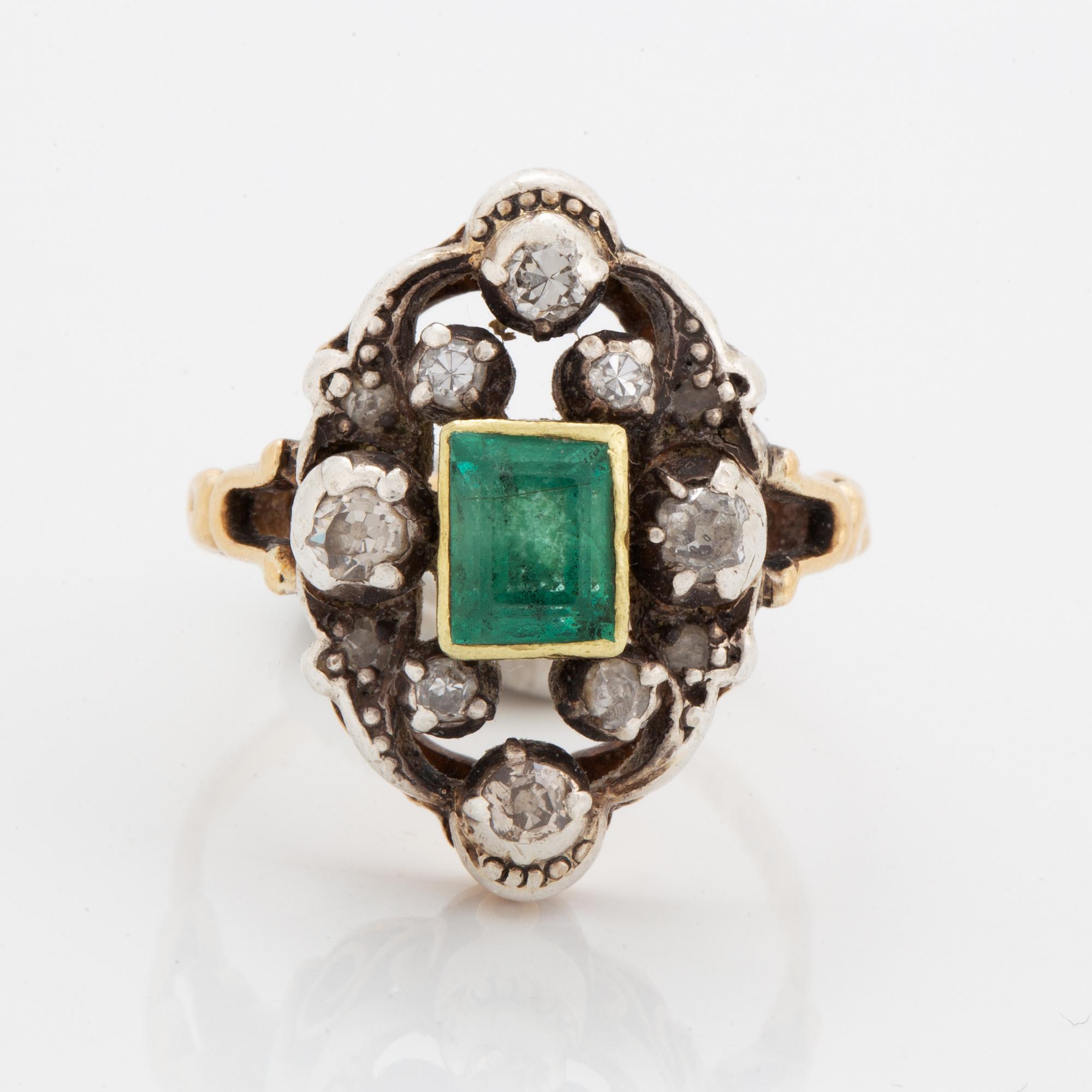 Emerald and old-cut diamond ring.