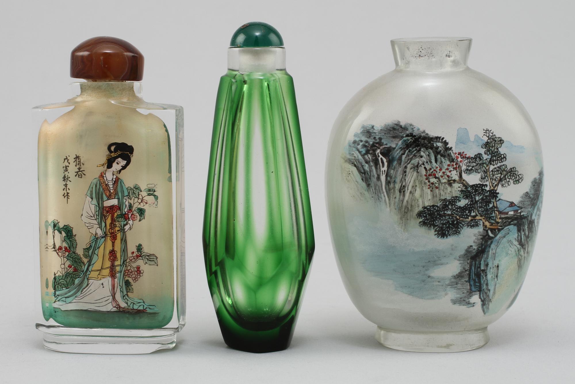 SNUSFLASKOR, 3 st, glas, orientaliska, 1900-tal.