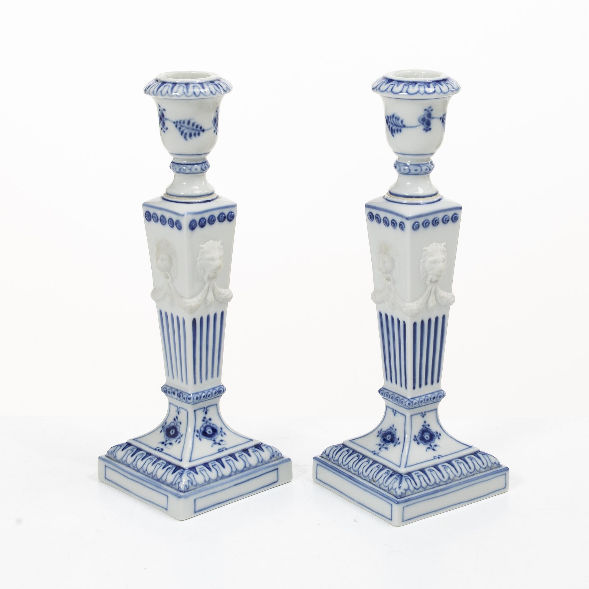 Candlesticks, a pair, porcelain. Royal Copenhagen, “Blue Fluted”, Denmark, 20th century.