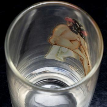 Six second half of the 20th century glasses with pictures of pinup girls.