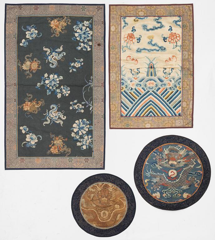 A group of four Chinese silk embroideries, 18th and 19t century, Qing dynasty.