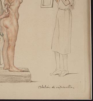 An etching by an unknown artist "Atelier de reparation", signed G Hoffman.