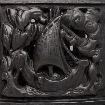 Fireplace front, cast iron, Art Nouveau, after Hans W Larsen, late 20th century.