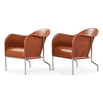 464. Mats Theselius, A pair of 'Bruno' brown leather and steel easy chairs, Källemo, Sweden.