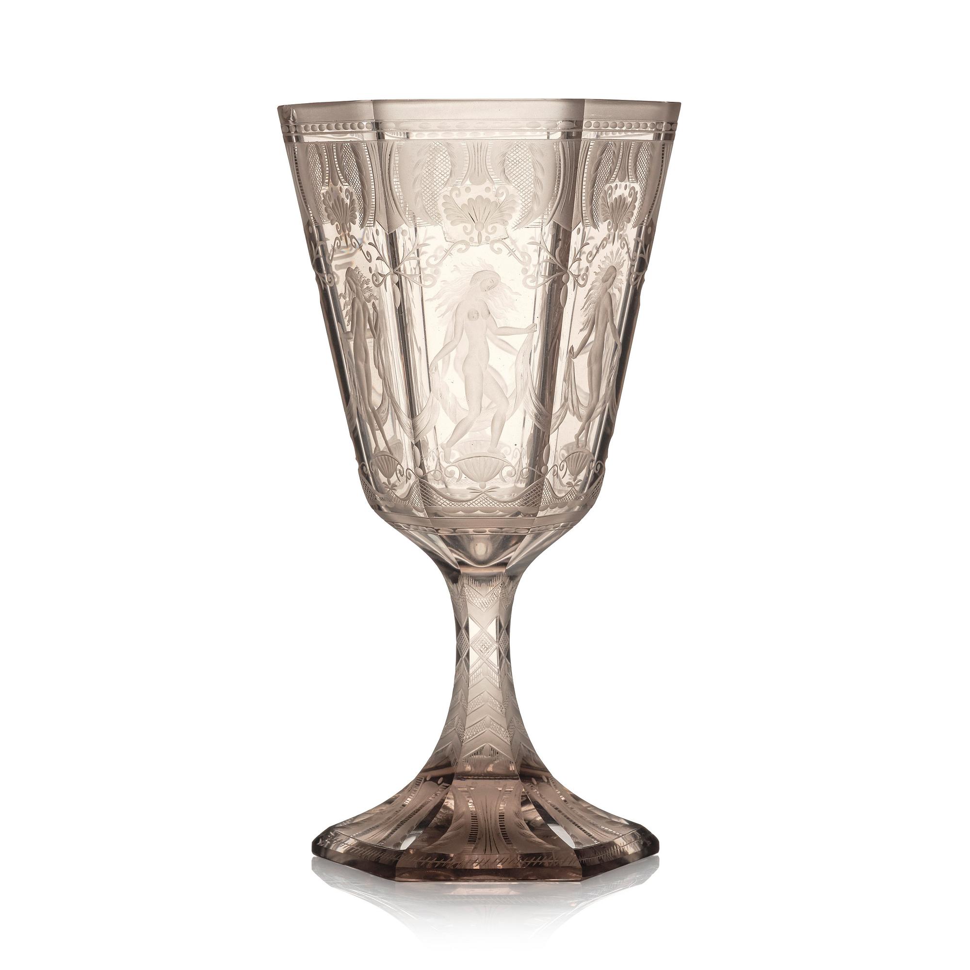 Simon Gate, pokal, graverat glas, "Sex Gracer", Orrefors, 1927.