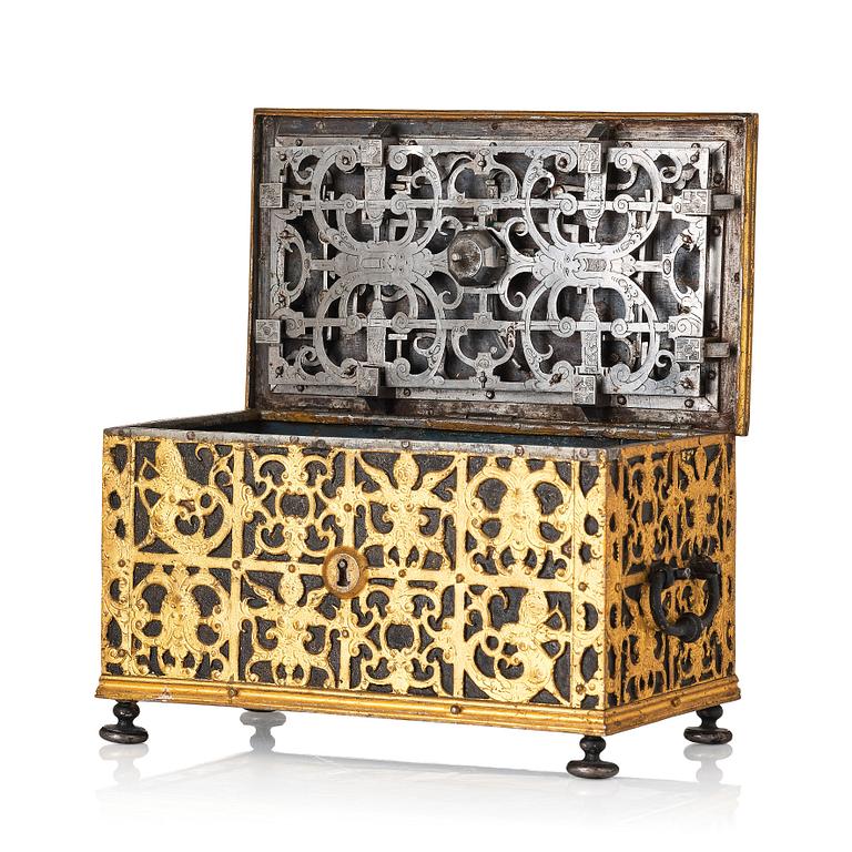 The Wrangel strongbox, a German wrought iron and steel engraved strongbox dated 1658.