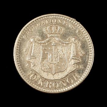 GULDMYNT, Oscar II, 10 kronor, 1901. Vikt ca gram.
