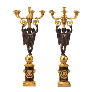 589. A large pair of French Chibout circa 1820 gilt and patinated bronze six-light candelabra.