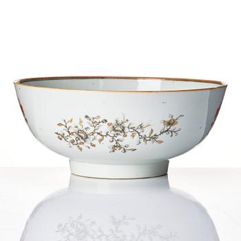 A famille rose and grisaille armorial punch bowl, Qing dynasty, 18th century.