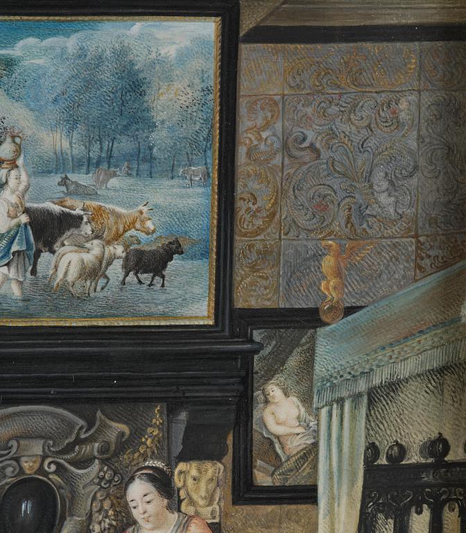 Jean Briand de Crèvecoeur, Bedchamber interior with figures, dog, and paintings by Jan Siberechts.