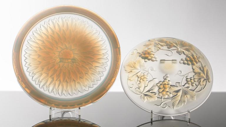 TWO FRENCH GLASS DISHES BY CESARO AND SABINO.