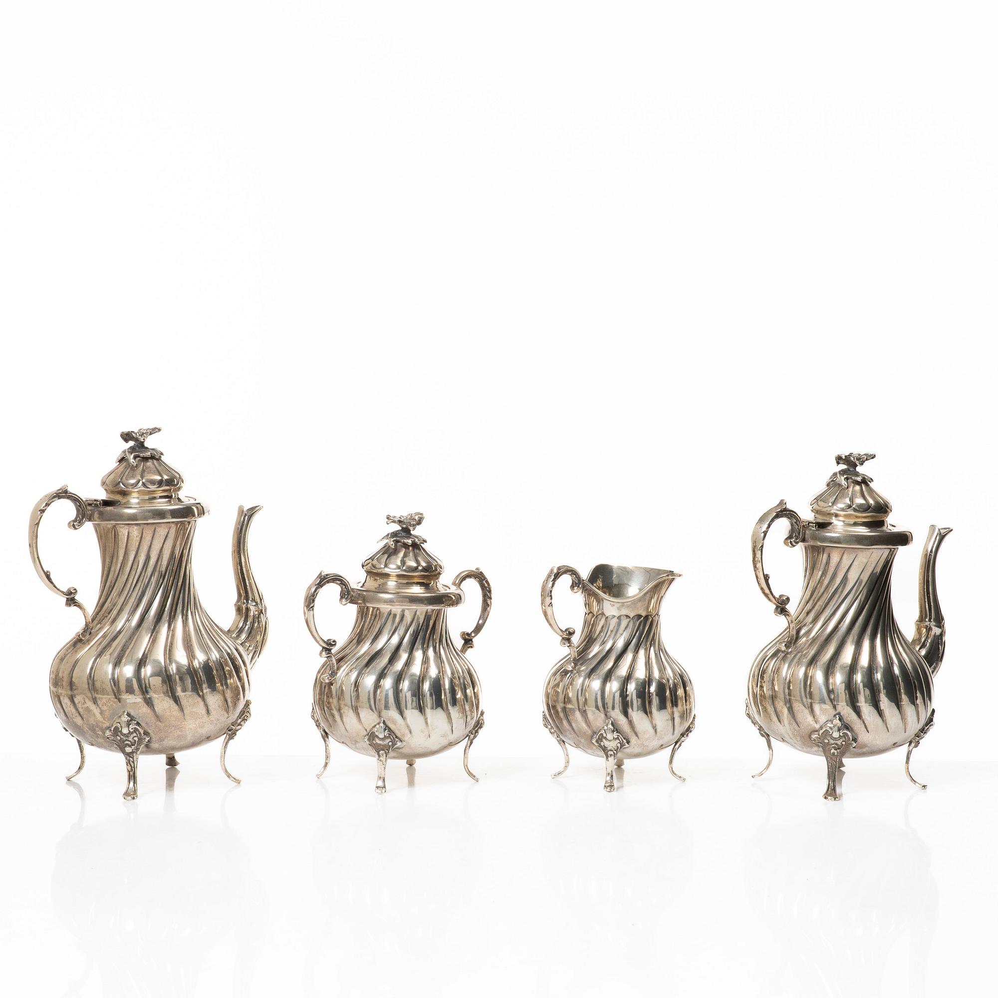 Tea/coffee service, 4 pieces, silver, Rococo style, 20th century.