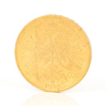 GULDMYNT, 100 Corona, Kejsarriket Österrike-Ungern, 1915. Vikt ca 33 gram.