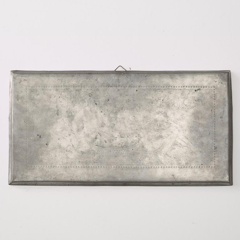 Anna Petrus, an engraved Swedish Grace pewter tray, Stockholm, early 1920's. this model was shown at The Paris Exhibition 1925.