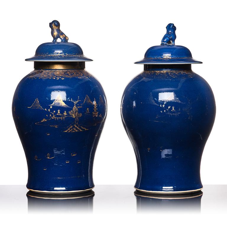 Two Chinese blue glazed vases with covers, Qing dynasty, Qianlong (1736-95).