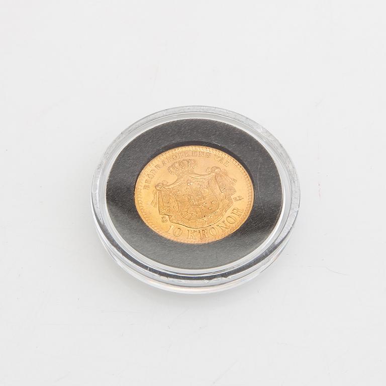 Guldmynt Sverige, Oscar II 10 kr, 1894, felpräglat.