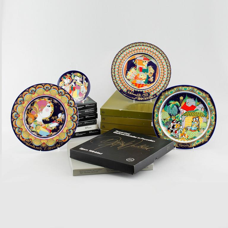 34 porcelain plates by Bjørn Wiinblad, Royal Copenhagen, second half of the 20th century.