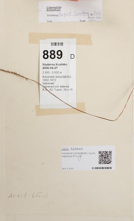 RAGNAR SANDBERG, tusch, signerad R.S, daterad -50, med dedikation,