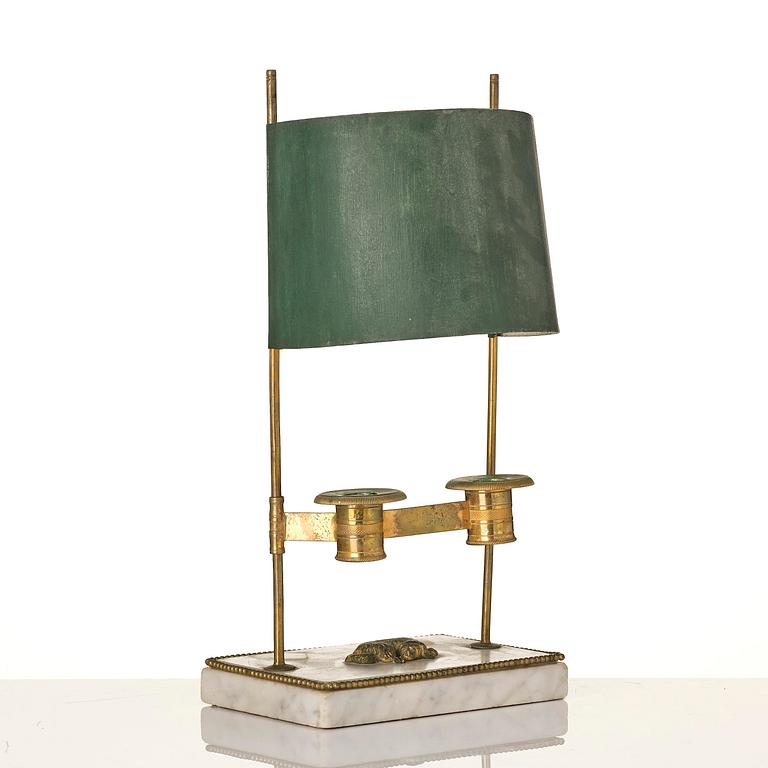 A Gusttavian gilt brass, white marble and tole two-light reading lamp, late 18th century.