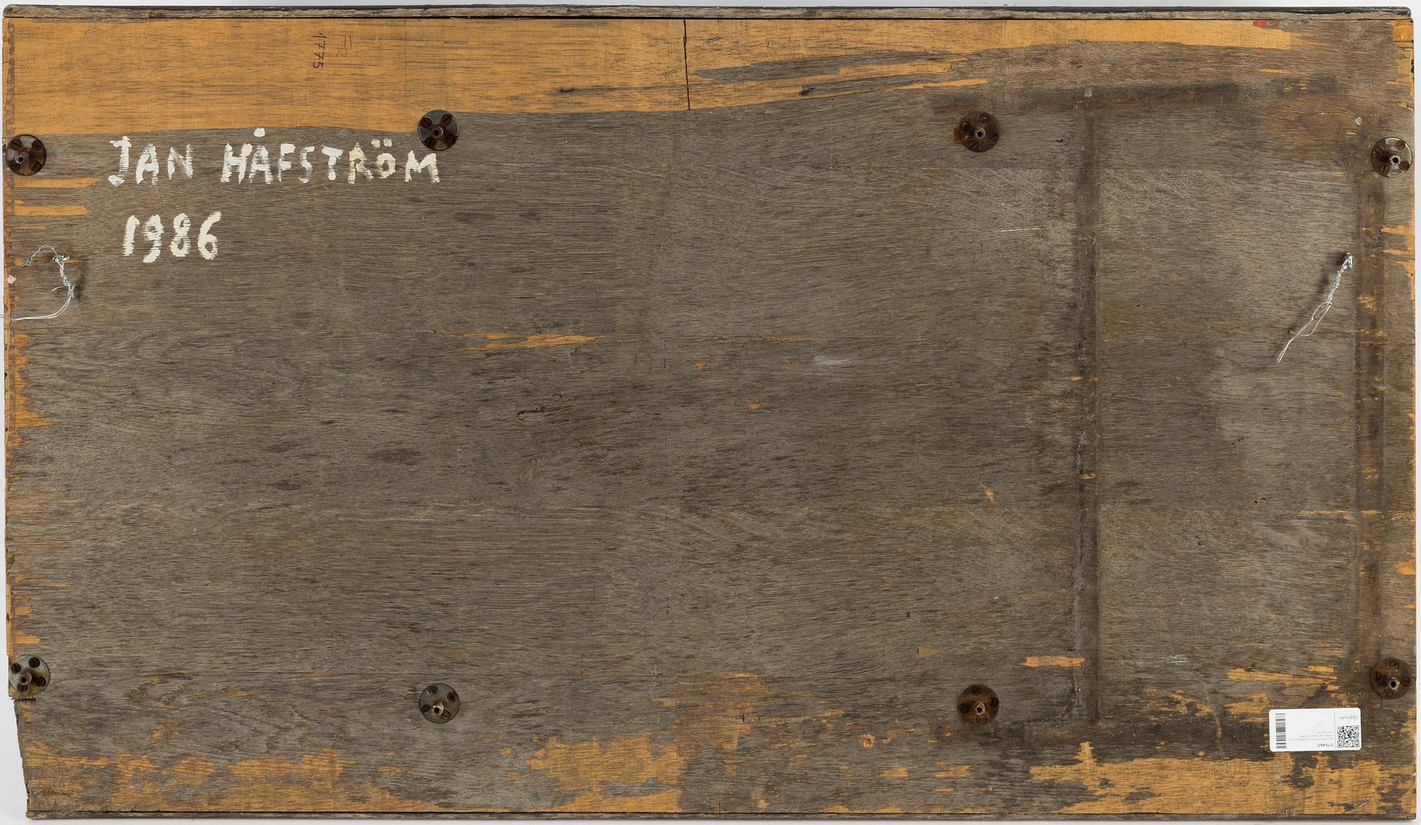JAN HÅFSTRÖM, mixed media and collage on wooden panel, 1986, signed.