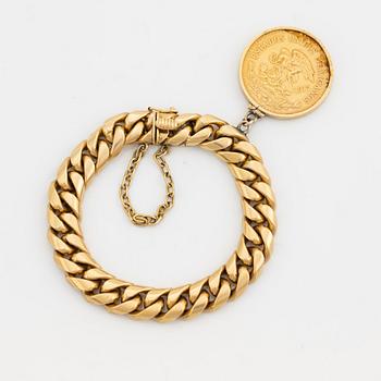 Armband, 18K guld, pansarlänk med mexikanskt guldmynt 20 pesos 1917.