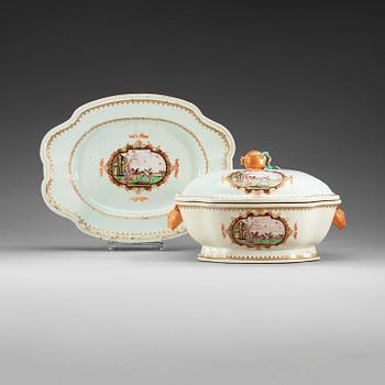 1586. A famille rose 'European Subject' tureen with cover and stand, Qing dynasty, Qianlong (1736-95).