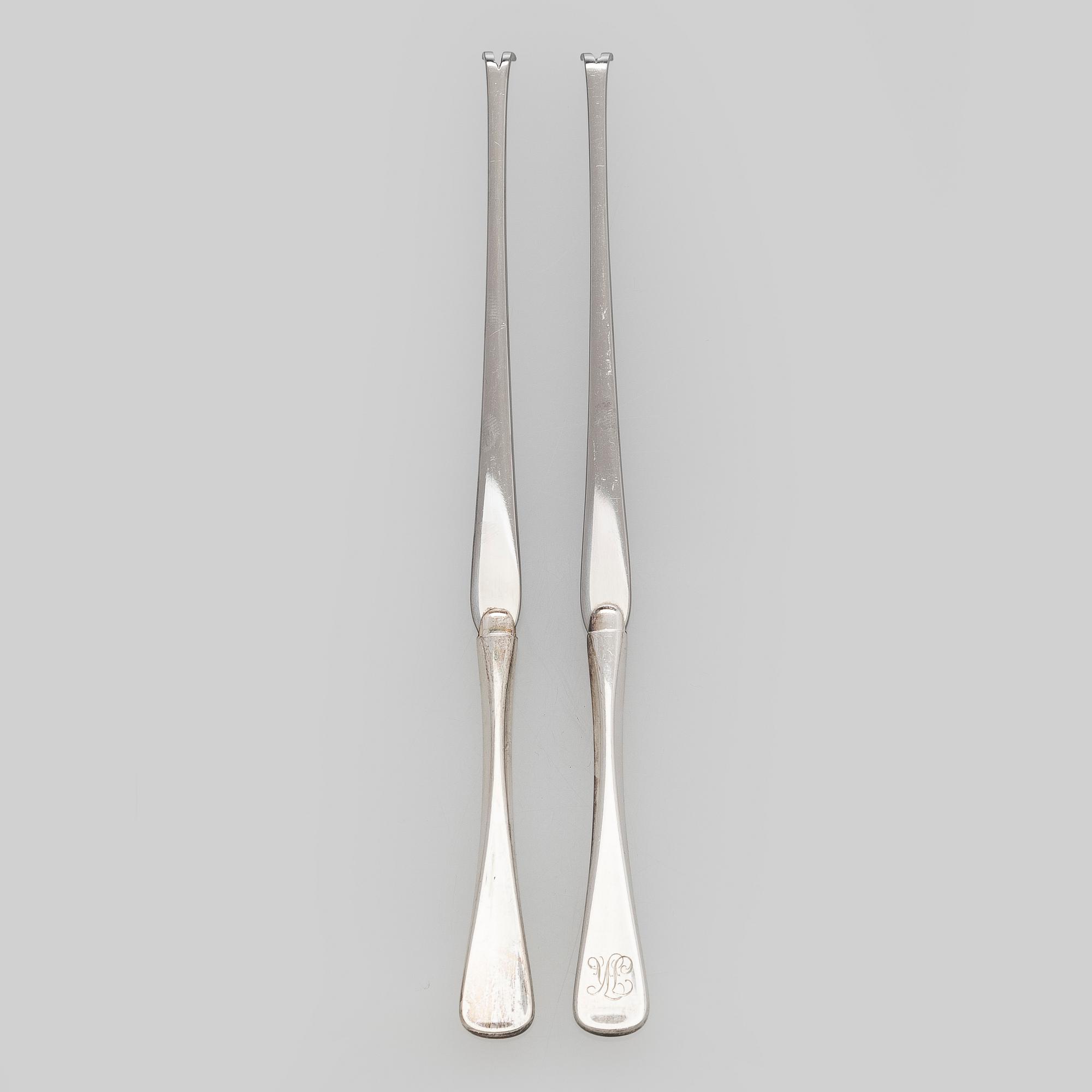 Hummerihaarukoita, 12 kpl, hopeaa ja terästä, W & S Sørensen , Tanska.