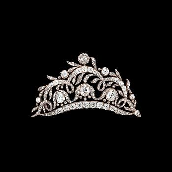 892. DIADEM/BROSCH, runda och droppformade antikslipade diamanter, tot. ca 20 ct. 1800-talets mitt.