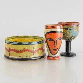 Ulrica Hydman-Vallien, a painted glass bowl, goblet and vase, Kosta Boda.