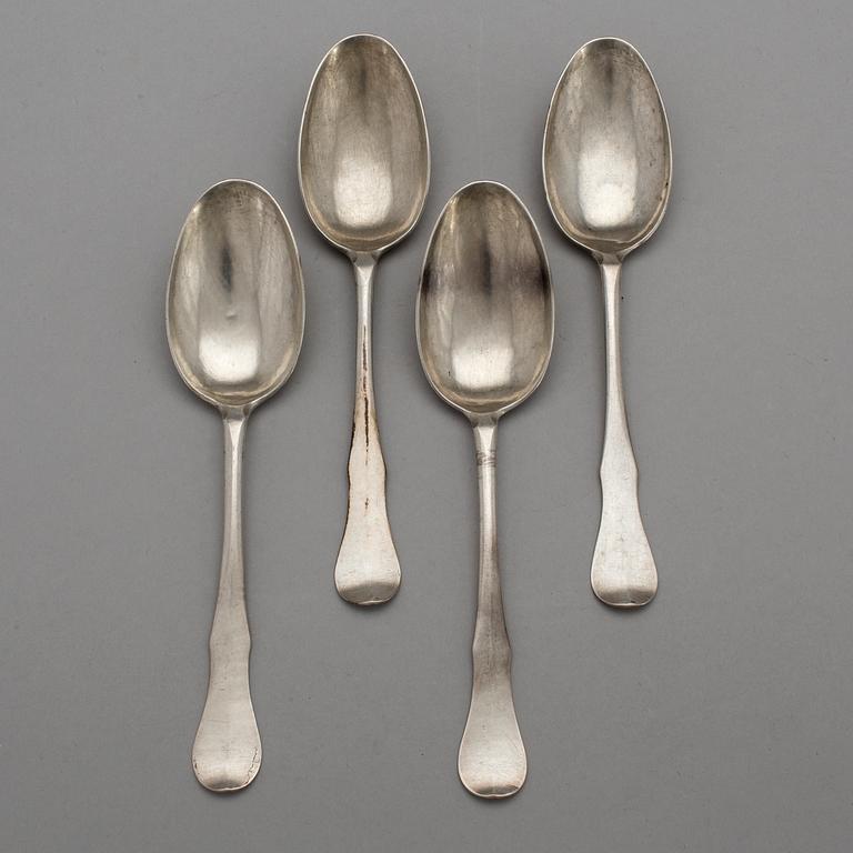 A SET OF FOUR SILVER TABLE SPOONS, possibly Belgium, 18th century.