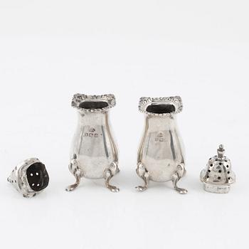 A seven piece silver spice set, with two sppons, England, mostly Birmingham.