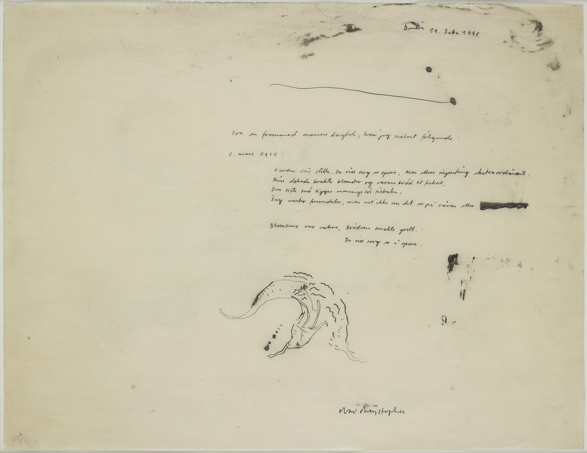 Olav Christopher Jenssen, indian ink on film, signed, dated 14 februari 1991.