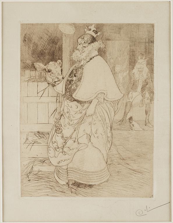CARL LARSSON, etching, signed C.L. in pencil. "Lisbeth and the calf". Executed in 1909. State 2.
