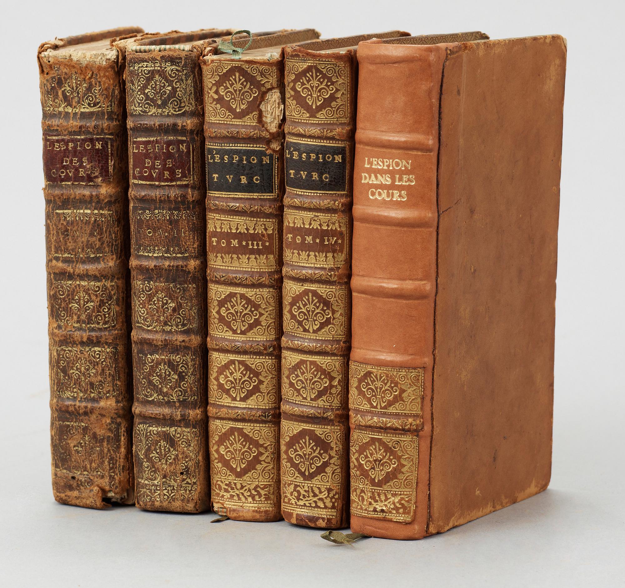 BOKVERK, 5 vol, "L`Espion(Turc)dans les cours des Prices Chretiens..." I-V, av GP. Marana, Köln 1699-1700.