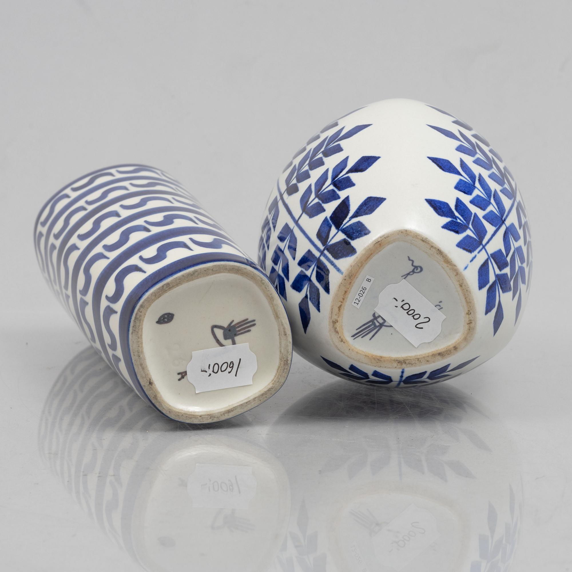 Karin Björquist, a set of nine "Indigo" stoneware vases and bowls, Gustavsbergs studio, 1950s.