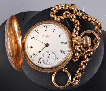 HERRFICKUR MED KEDJA, guld 14K resp 18K, American Waltham Watch Co. Kedjans vikt 14 gram.