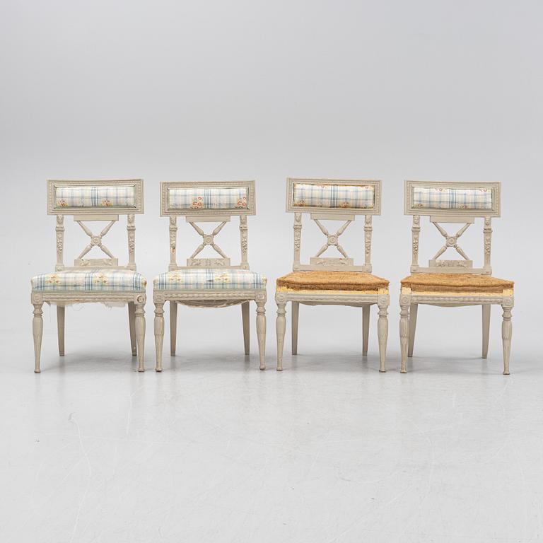 A set of four late Gustavian chairs, around the year 1800.