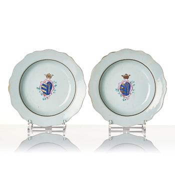 A pair of Chinese famille rose armorial plates, Qing dynasty, Qianlong (1736-95).