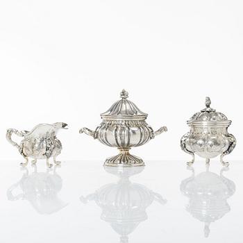 A silver sugar bowl and a set with creamer and sugar bowl, silver, 20th century.