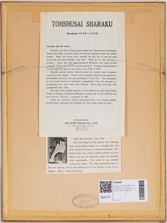 ANDO UTAGAWA HIROSHIGE (6), UTAMARA, and SHARAKU (2) colour woodblock prints. Japan, 20th century.