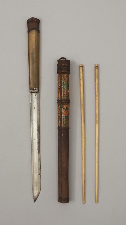 A travellars set of chop sticks and knifve in a case, Qing dynasty.