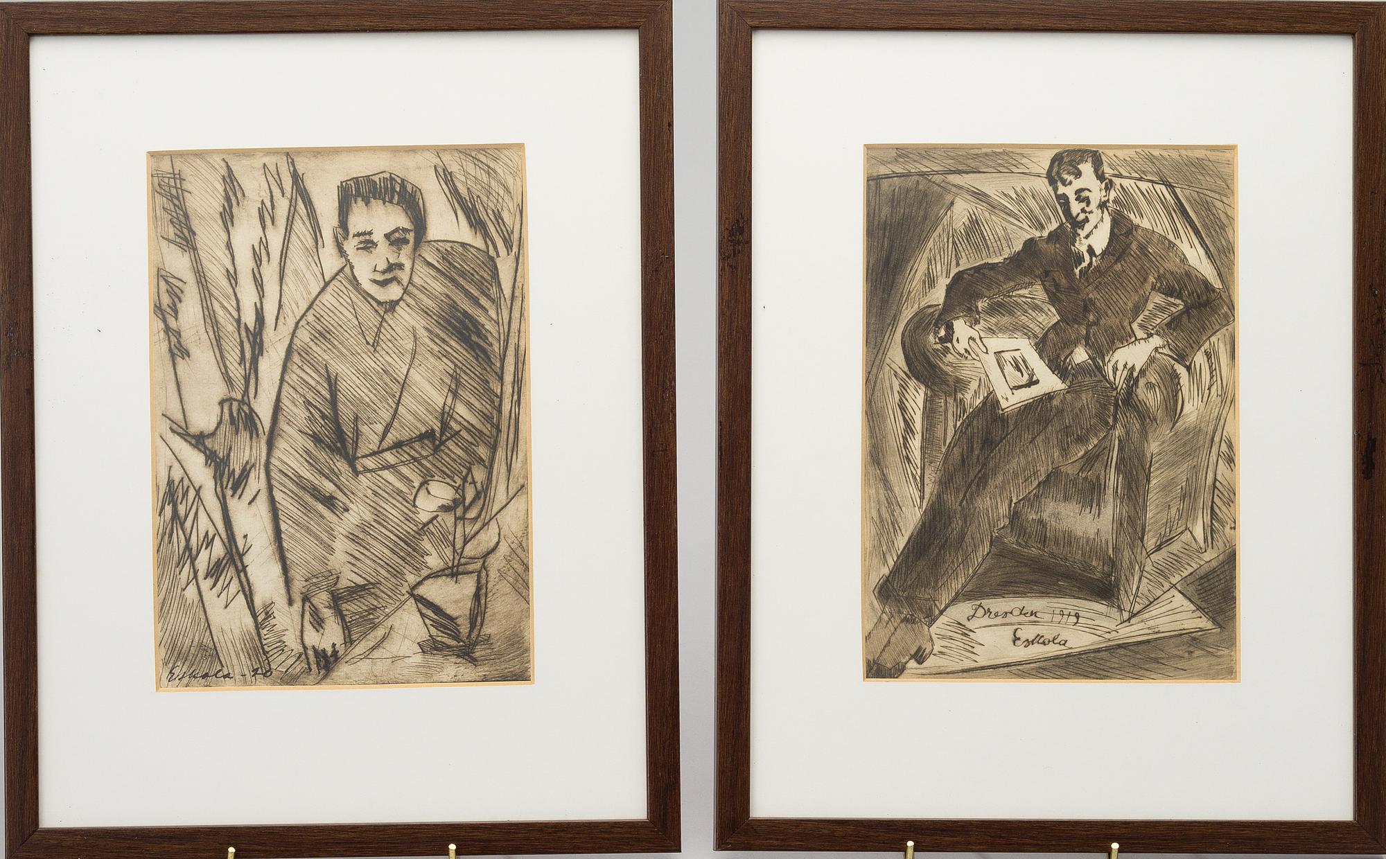 UUNO ESKOLA, 2 piirrosta, signeerattu ja päivätty Dresden 1919 & -20.