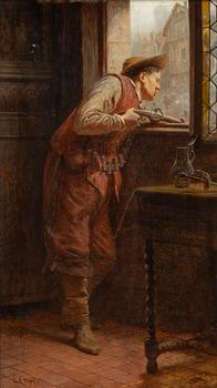 Ernest Crofts, Historical interior with a man with a rifle.