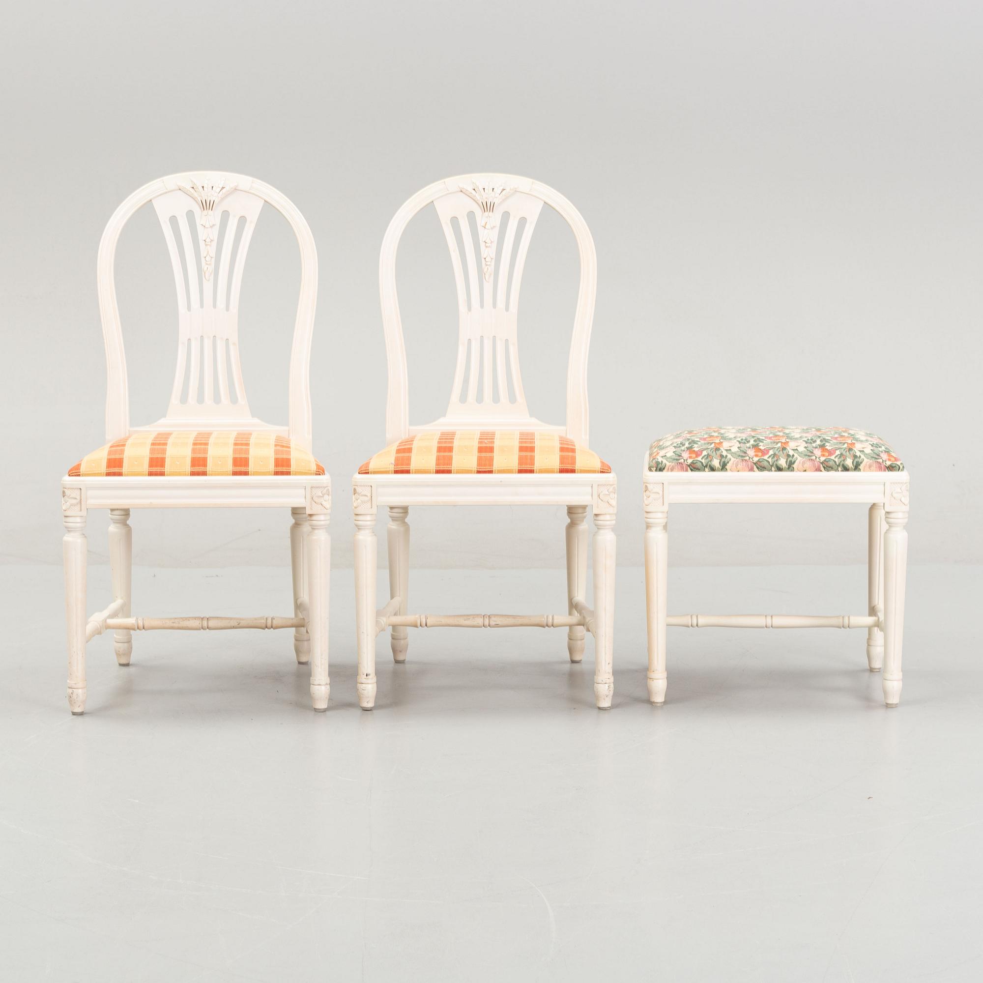 A dining table with eight chairs and a stool, Gustavian style, second half of the 20th Century.