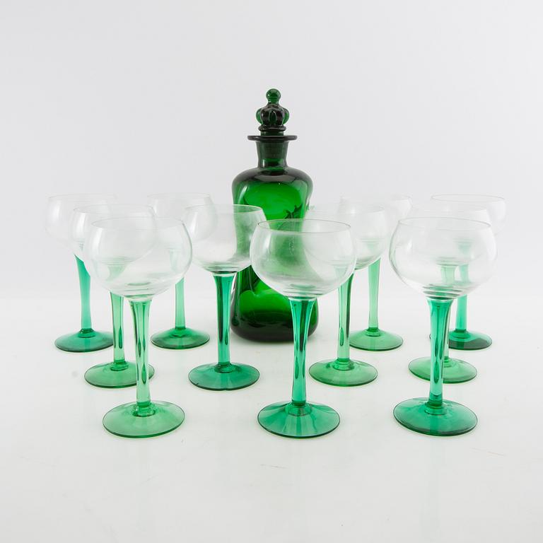 Wine glasses 11 pcs and a decanter, first half of the 20th century.