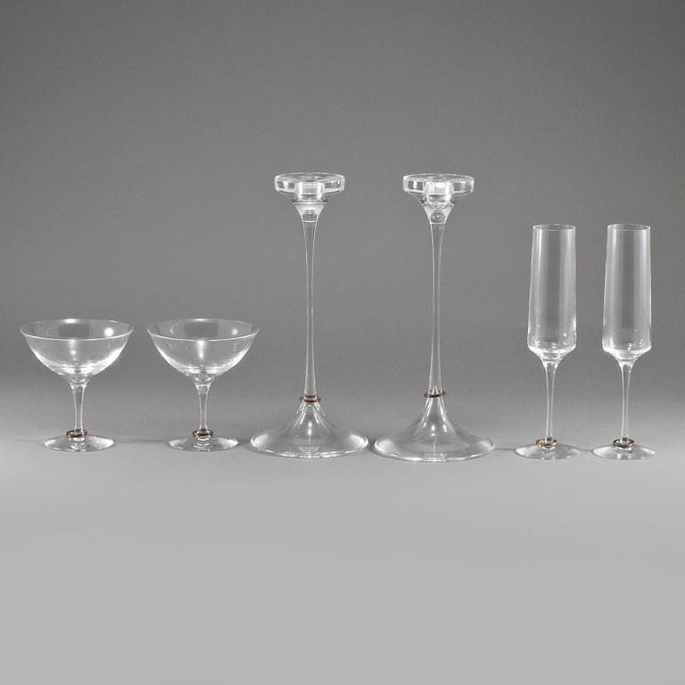 PARTI GLAS, 6 delar, glas och silver, "Amor Vincit Omina", Efva Attling, Orrefors, omkring 2000.