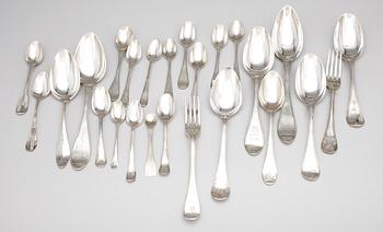 PARTI SILVER, 25 delar, bla Erik Ernander, Uppsala, 1782. Tot vikt ca 832g.