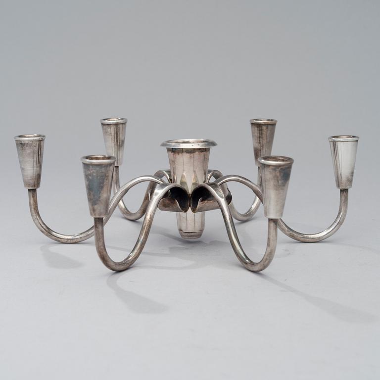 A pair of silver plated candelabra and a candelabrum, FDG, Denmark, mid 20th century.